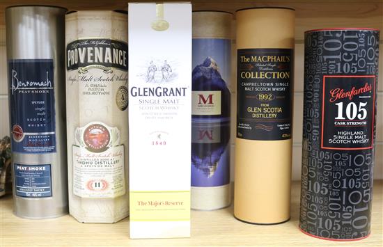 Six assorted bottles of whisky: Benromach, Provenance Tamdhu Distillery 2000, Glen Grant Majors Reserve,